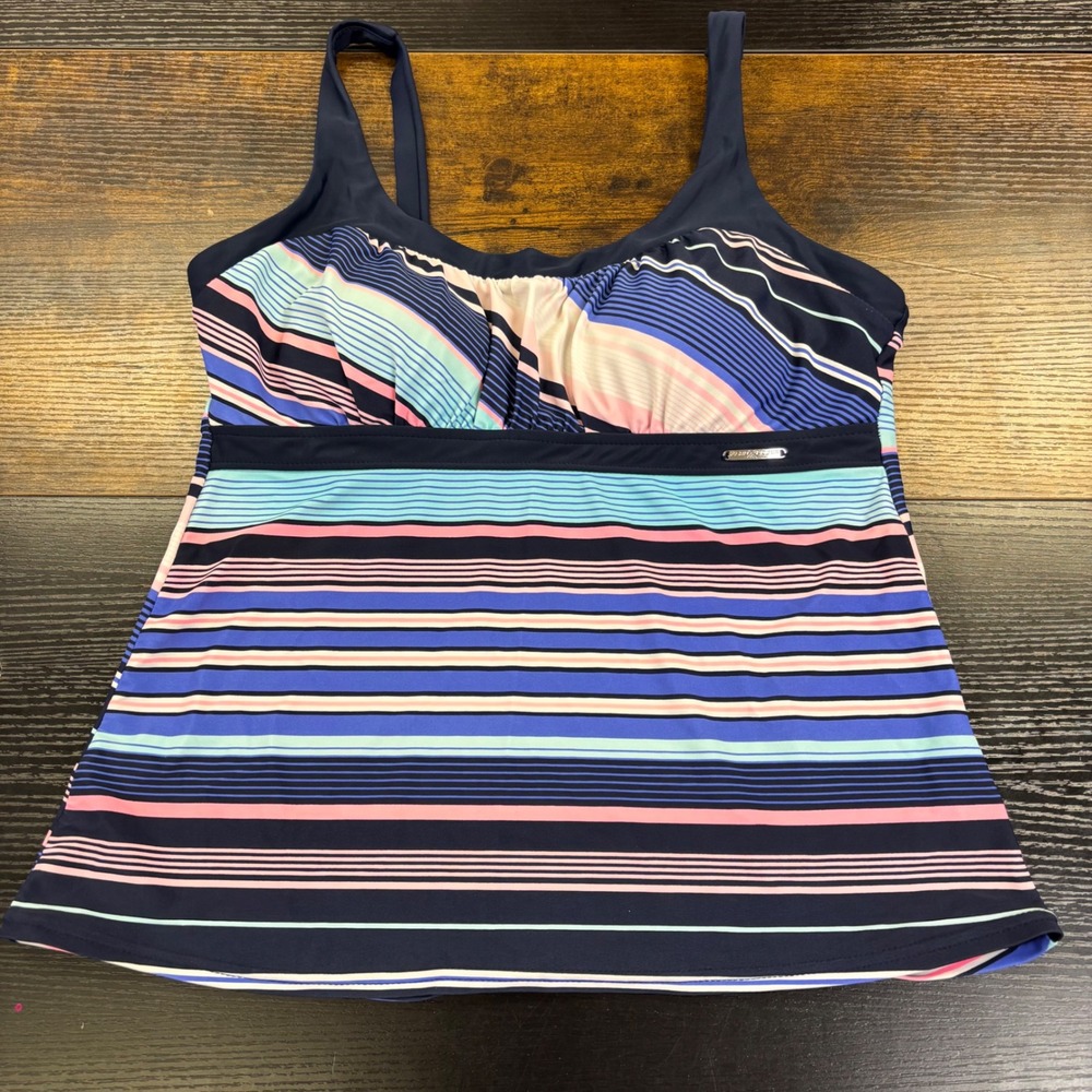 ZeroXposur Womens Striped Tankini Swim‎ Top Blue Pink Size 12 Ruched Padded